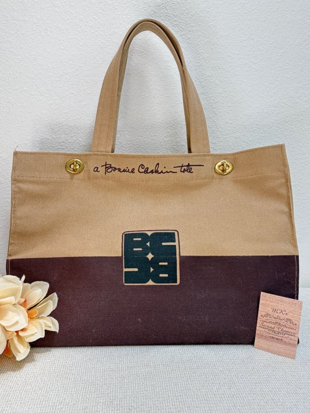 Vintage BONNIE CASHIN Tote for D Klein, tan + brown canvas, very rare, 1977, GVC
